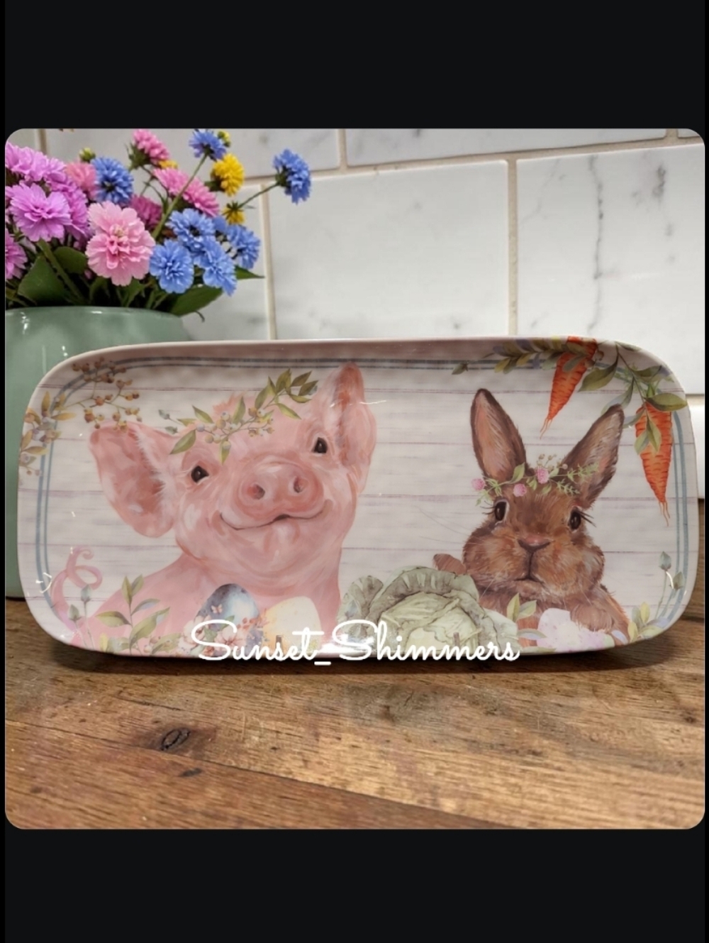 Baby Pig & Bunny Rabbit Farmhouse Indoor Outdoor Melamine Serving Platter New